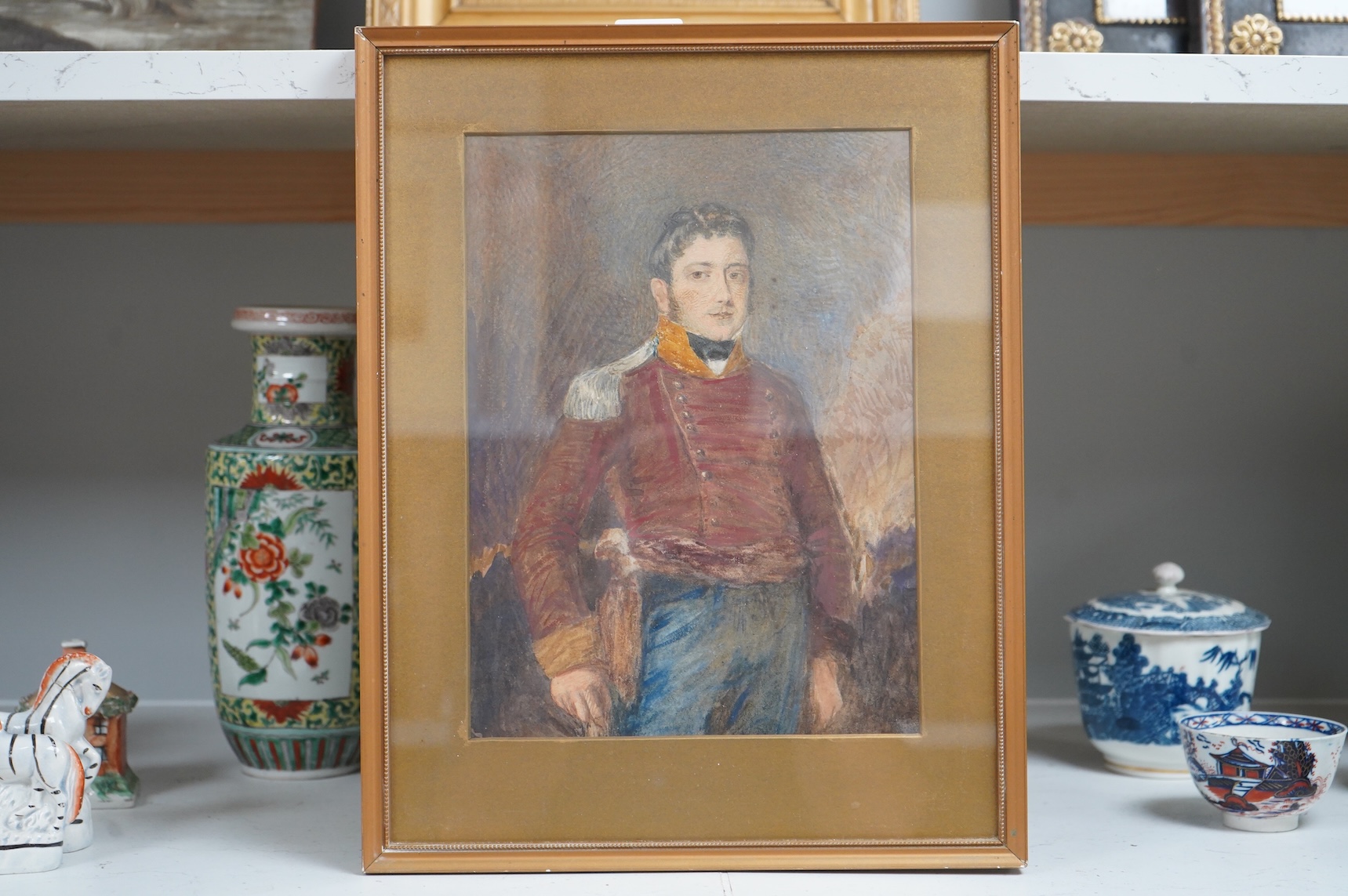 19th century School, Three-quarter length portrait of a gentleman wearing military dress, unsigned, watercolour, together with two other portraits of Victorian gentleman, largest 27 x 20cm, one housed in an ornate gilt f